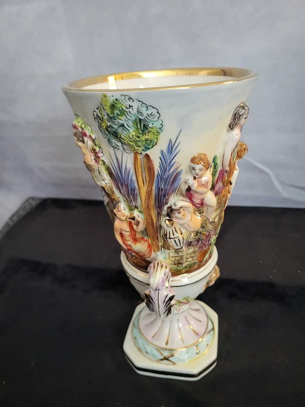 Numbered Ornate White and Gold Porcelain Urn Vase with Multicolor Relief